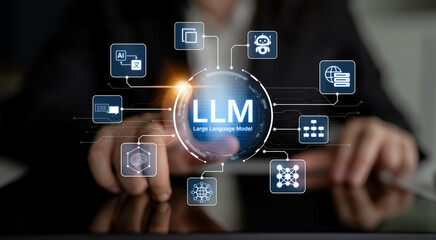 Fototapeta premium Large Language Model LLM processing data. Represents deep text learning, natural language processing NLP AI tech, transformer architecture, and generative AI deep learning future technology. Corpus