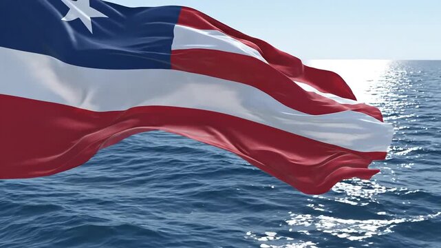 Liberian flag waving majestically in the ocean breeze with sun glinting on the water surface creating a sparkling effect.