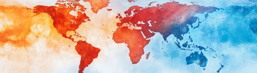 Obraz premium Global Warming World Map Red and Orange Hues Depicting Heat Over Continents, Transitioning to Blue Zones, Earth Climate Change, Heatmap, Climate Crisis