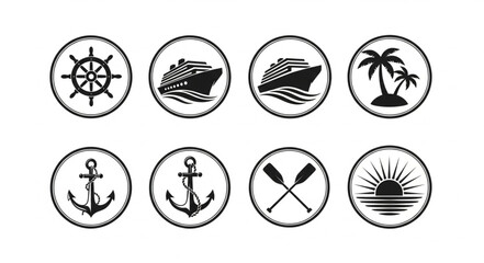 Nautical themed circular icons representing travel and maritime adventures, perfect for design. © Roki