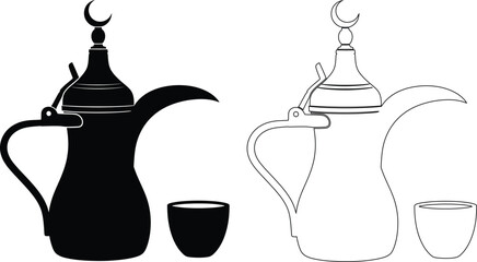 Traditional arabic coffee pots and accompanying cups displayed side by side