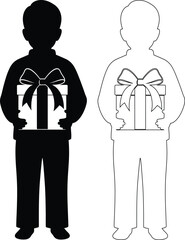 Two silhouettes holding a gift box with a decorative ribbon each