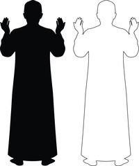 Silhouettes of a person in prayer pose and an outline figure with raised hands