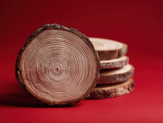 wood slice natural rings isolated on a red background