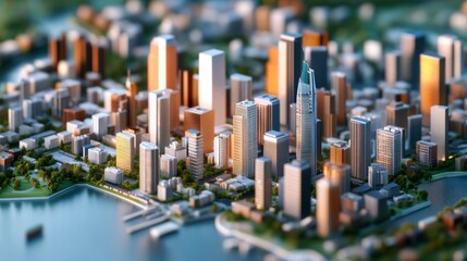 Fototapeta premium Miniature Cityscape Detailed high-angle shot with shallow DOF, showcasing urban development and waterfront, concept future city, urban planning. Miniature City, Urban Planning