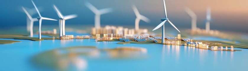Miniature Cityscape with Wind Turbines and Solar Panels on Water, representing sustainable energy concept. Keywords Eco-friendly, Renewable Energy