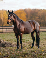 Obraz premium Horse standing outdoors in a countryside setting. Calm posture with soft daylight and warm natural colors