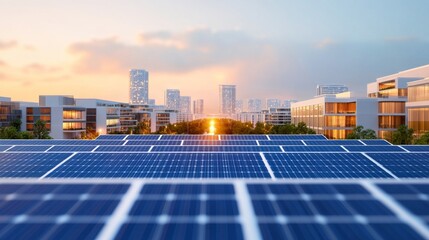 Modern Cityscape with Solar Panels at Sunset, Renewable Energy Concept, Urban Sustainability, Solar Power, Cityscape, Renewable Energy, Sustainability