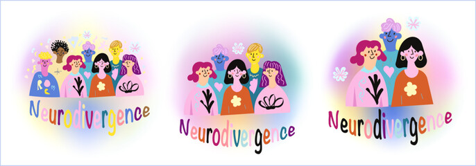 Obraz premium Trendy hand-drawn neurodivergence artwork with diverse people and colorful Neurodivergence lettering with soft gradient glow perfect for awareness campaigns, social posts, posters, and branding.