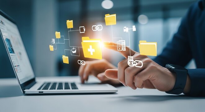 Businessman managing digital files and cloud storage folders on virtual screen with laptop computer