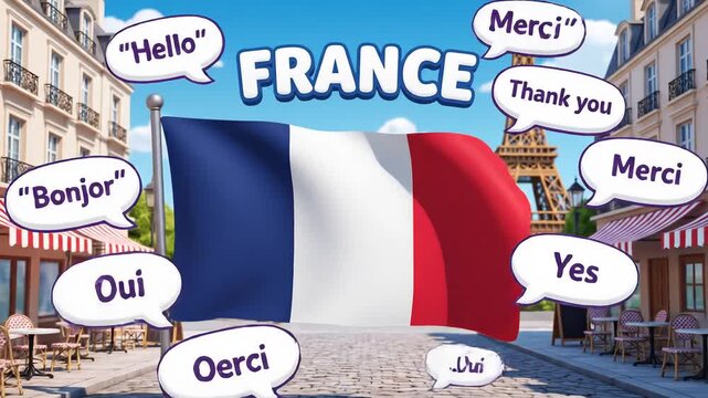 Learn French Greetings and Phrases with a Cheerful Girl and the Eiffel Tower in Paris.
