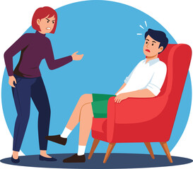 Obraz premium Angry Woman Shouting at Man Sitting on Armchair, Couple Conflict and Domestic Argument Concept Vector Illustration