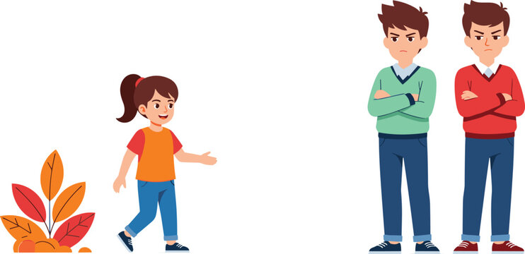 Angry Boys with Crossed Arms Looking at Happy Girl, Siblings Rivalry and Childhood Emotions Concept Vector Illustration