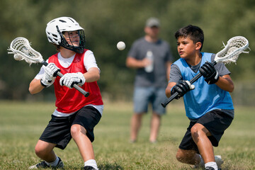 Obraz premium Youth lacrosse players chase ball on field