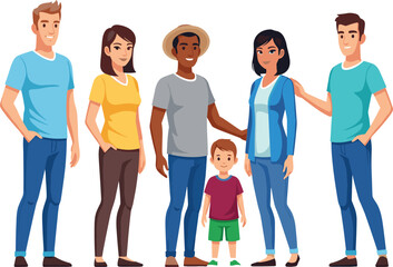 Obraz premium Group of Diverse Happy People and Small Family Portrait, Friendship and Community Concept Vector Illustration