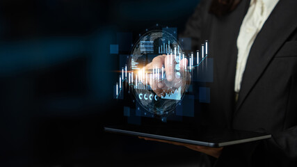 A business professional interacts with advanced technology, showcasing holographic financial data...