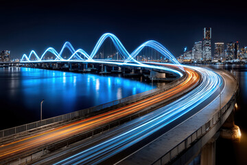 Naklejka premium Neon Blue Bridge with Light Trails at Night