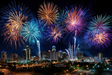 Fototapeta premium Fireworks Over City Skyline at Night