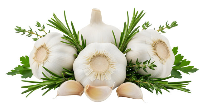 Fresh garlic bulbs with rosemary and parsley herbs