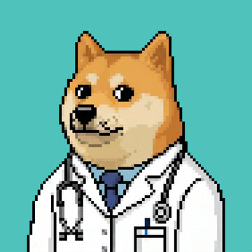Pixel art dog doctor character wearing a medical coat and stethoscope set against a solid turquoise background.