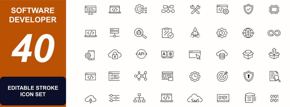 Software developer web icons in line style. API, backend, database, browser, automation, debugging, cloud, interface, testing. Editable stroke. Vector illustration.