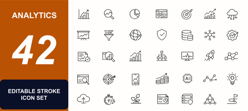 Analytics web icons in line style. Dashboard metrics, financial report, data visualization, seo chart, performance tracking, economy graph. Editable stroke. Vector illustration.