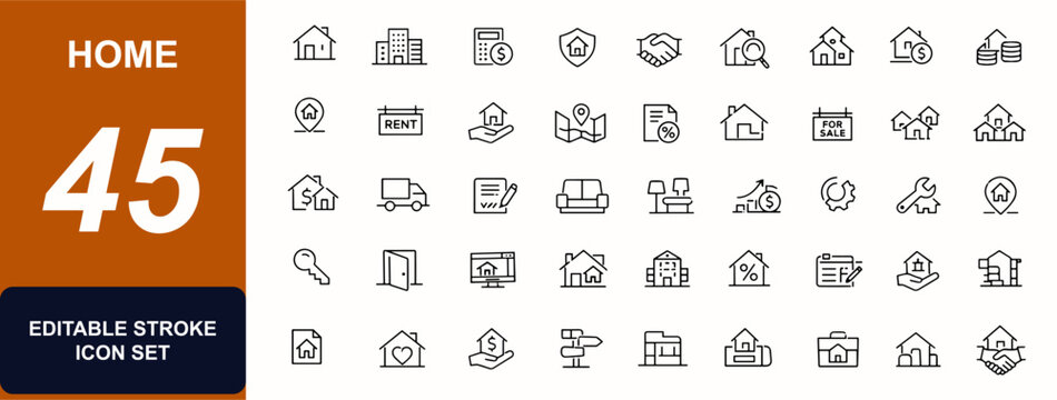 Home web icons in line style. Mortgage loan, property sale, house location, landlord insurance, rental neighborhood, town housing, architecture. Editable stroke. Vector illustration.