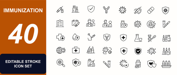 Immunization web icons in line style. Vaccination syringe, immune shield, antibody protection, virus prevention, booster dose, pharmacy. Editable stroke. Vector illustration.