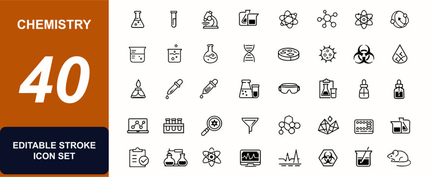 Chemistry web icons in line style. Molecular structure, laboratory flask, microscope, experiment, chemical formula, reaction tube, biotechnology. Editable stroke. Vector illustration.
