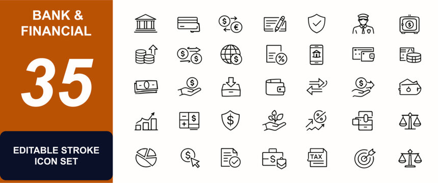 Bank and financial services web icons in line style. Currency exchange, loan payment, mobile banking, chequebook, security guard, transfer symbols. Editable stroke. Vector illustration.