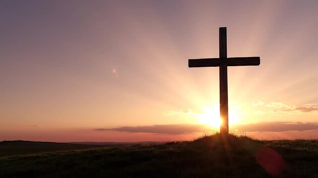 Easter faith concept, photo of rising sun with cross silhouette at sunrise, солнечный light in sky, Easter morning atmosphere, spiritual scene with  hope, resurrection, religion