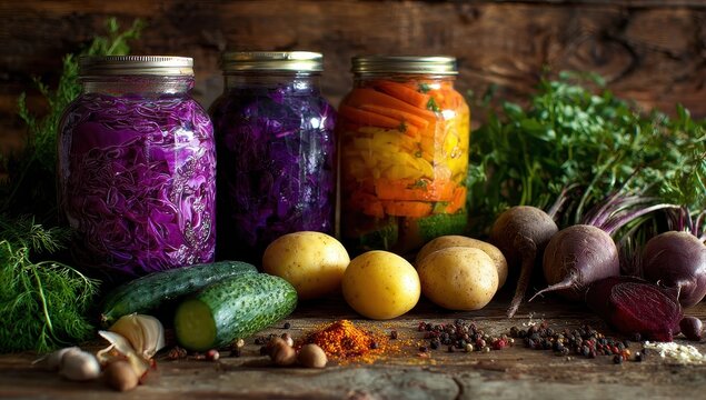 Vibrant Fermented Vegetables - Jars of Purple Cabbage, Carrots, and Beets.