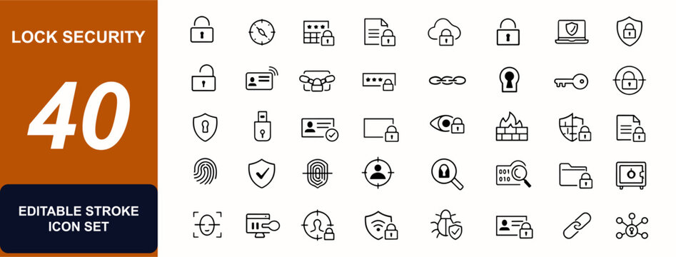 Lock security web icons in line style. Padlock, biometric access, encryption, shield, firewall, password, vault, identity, keyhole, cybersecurity. Editable stroke. Vector illustration.