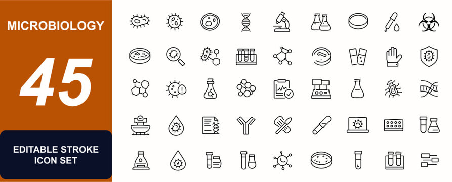 Microbiology web icons in line style. Bacteria structure, cell anatomy, pathogen research, microscope analysis, petri culture, biotech assay. Editable stroke. Vector illustration.