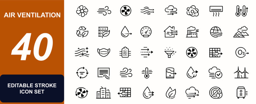 Air ventilation web icons in line style. Fan symbol, oxygen flow, breeze graphic, pollution control, air quality monitor, airflow system. Editable stroke. Vector illustration.