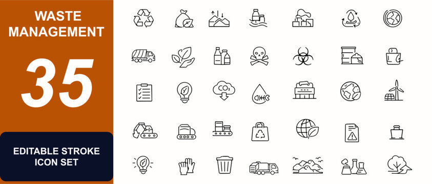 Waste management web icons in line style. Recycling, garbage, compost, landfill, plastic cleanup, hazardous disposal, bin collection. Editable stroke. Vector illustration.