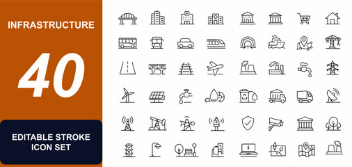 Infrastructure web icons in line style. Transport hub, energy grid, bridge, subway, public buildings, sewage system, city planning. Editable stroke. Vector illustration. © Icons studio