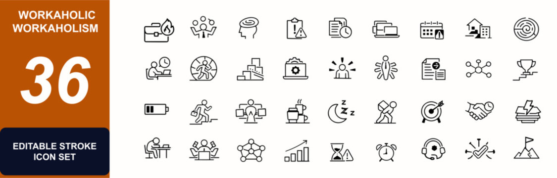Workaholic workaholism web icons in line style. Burnout, stress, fatigue, deadline, office, multitask, overtime, productivity, balance set. Editable stroke. Vector illustration.