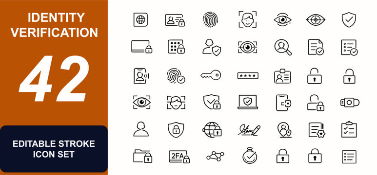 Identity verification web icons in line style. Biometric authentication, passport, fingerprint, face scanner, privacy shield, login access. Editable stroke. Vector illustration.