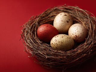 Obraz premium easter eggs in nest isolated on a red background