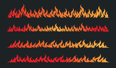 Red and orange fire flame seamless borders vector set isolated on black background