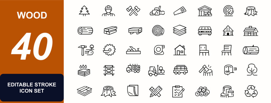Wood web icons in line style. Lumberjack tools, chainsaw cutting, sawmill timber, carpentry furniture, pallet construction, forest logging. Editable stroke. Vector illustration.