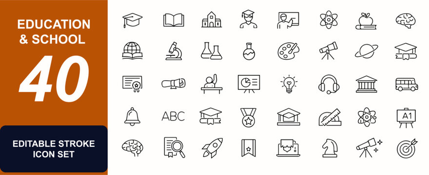 Education & School web icons in line style. Classroom, diploma, teacher, library, graduation, science, book, university, certificate, student set. Editable stroke. Vector illustration.
