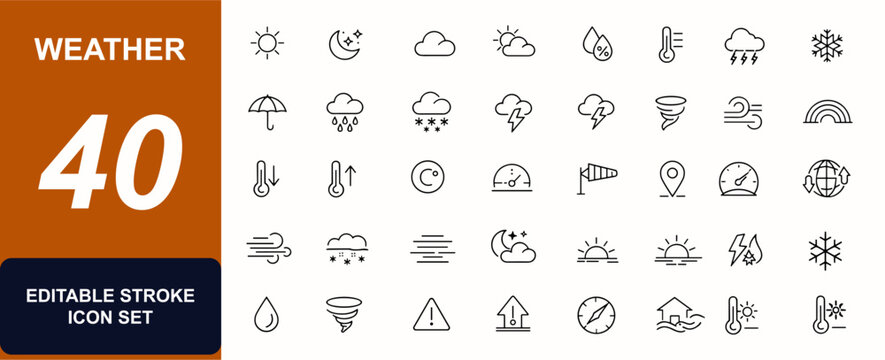 Weather web icons in line style. Forecast symbols, storm cloud, temperature gauge, humidity, rain snow sun, barometer, climate UI signs. Editable stroke. Vector illustration.