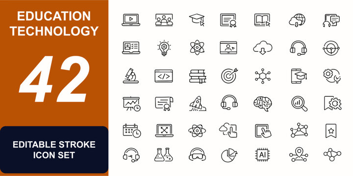 Education technology web icons in line style. Virtual classroom, e-learning tools, online course, laptop, certificate, book, platform, STEM symbols. Editable stroke. Vector illustration.