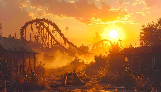 Dramatic Sunset Over Abandoned Roller Coaster Theme Park