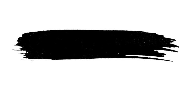 black ink brush stroke with dripping effect, resembling paint splatter on white