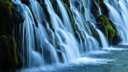 Fototapeta premium Serene Moss Covered Waterfall Flowing Over Rocks