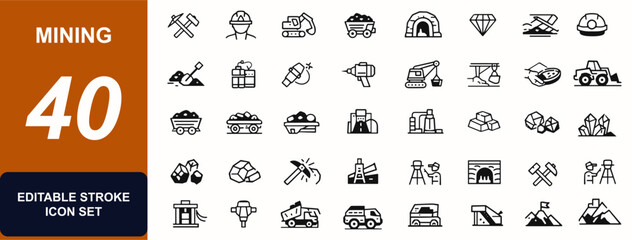 Mining web icons in line style. Excavator, miner helmet, coal wagon, diamond, gold panning, quarry machinery, ore, tunnel, geology. Editable stroke. Vector illustration. © Icons studio