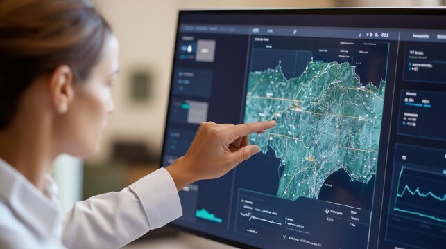 Woman Points to Digital Map on Screen, Analyzing Geospatial Data and Insights, Data Visualization, Analytics